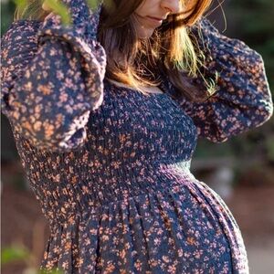 Hatch Floral Long Sleeve Dress - Navy and Peach